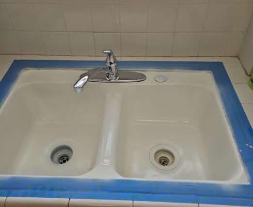 BBB project photo showing sink taped and prepped for refresh work