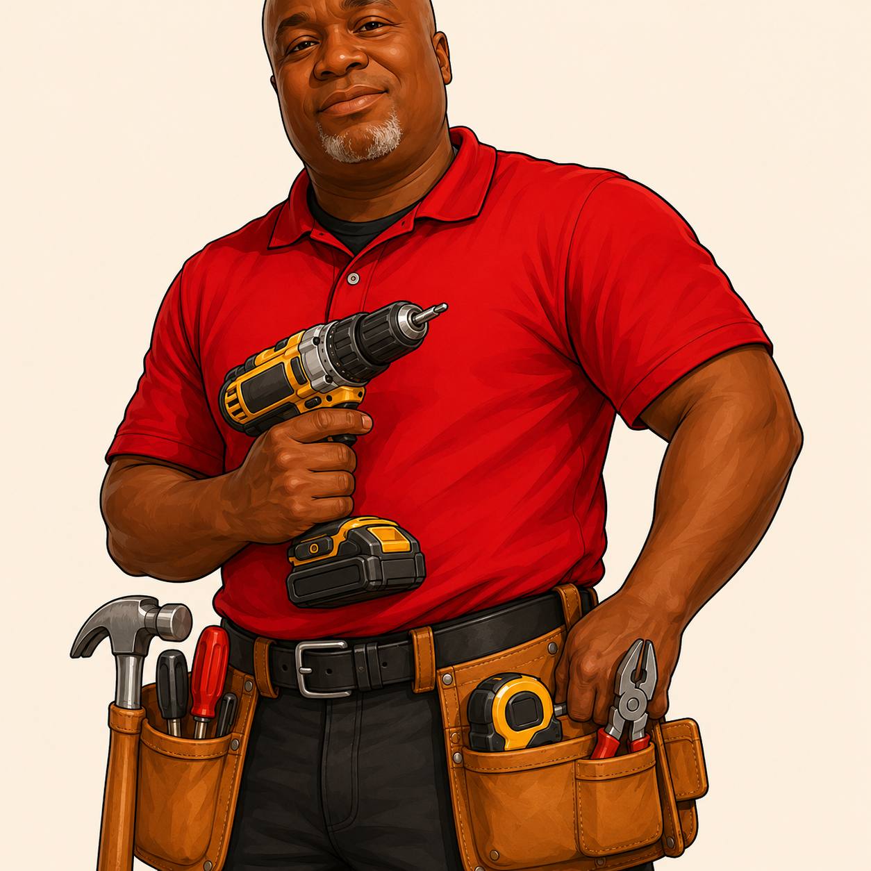 Illustration of Fred holding a drill with a tool belt ready for repair work