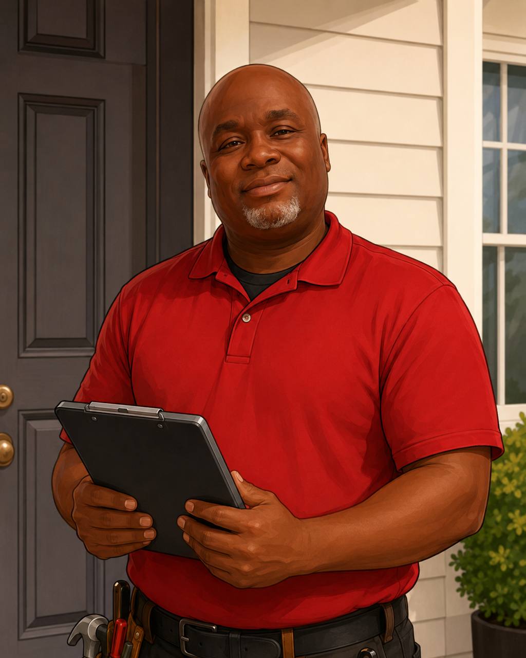 Illustration of Fred holding a clipboard at a front door