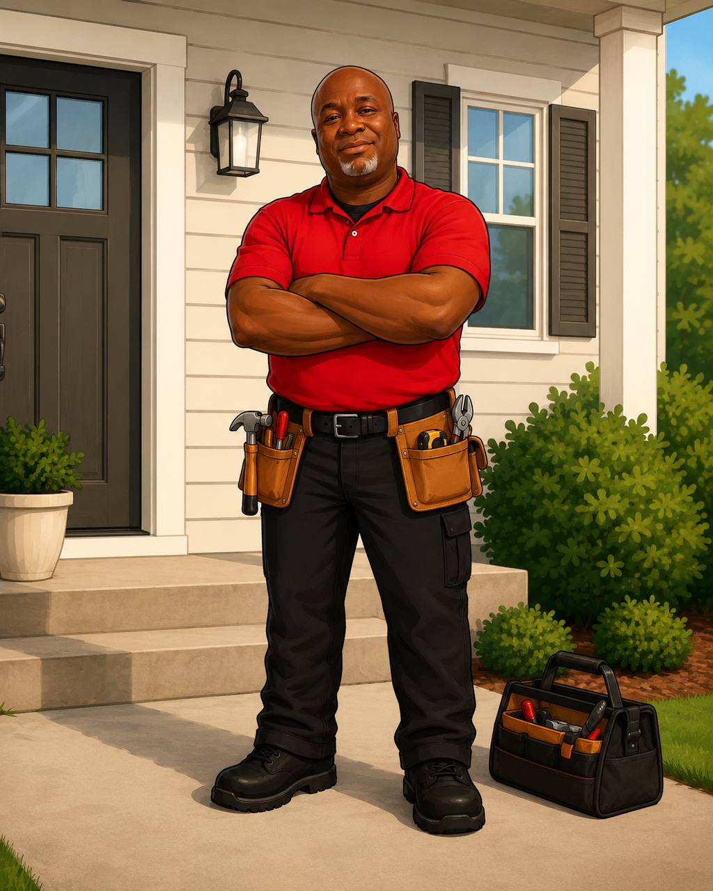 Illustration of Fred standing ready at a home entry