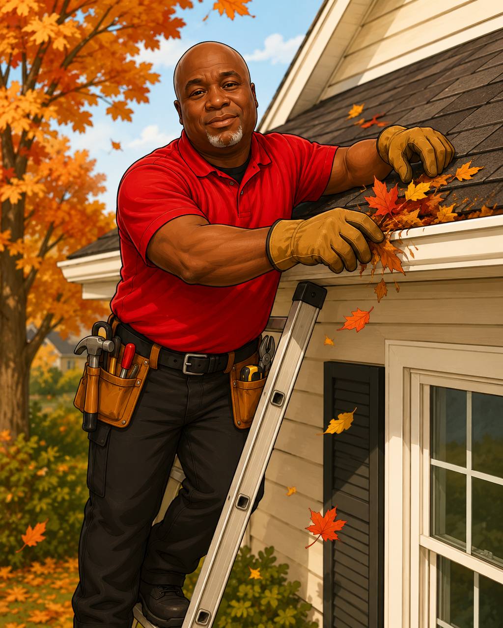 Illustration of Fred cleaning leaves from a gutter