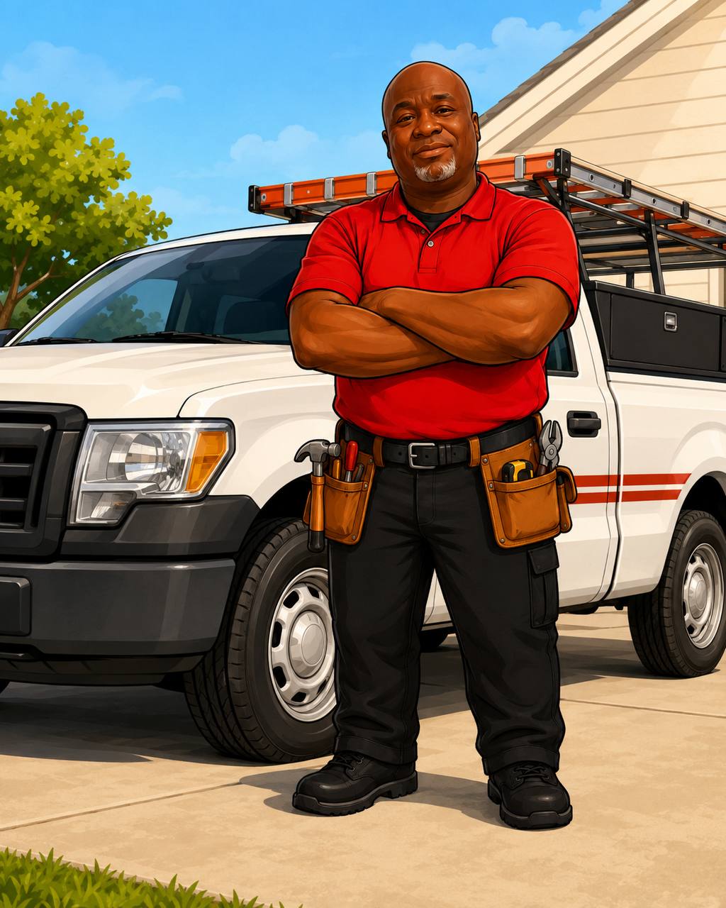 Illustration of Fred from Handyman's Services standing beside a work truck