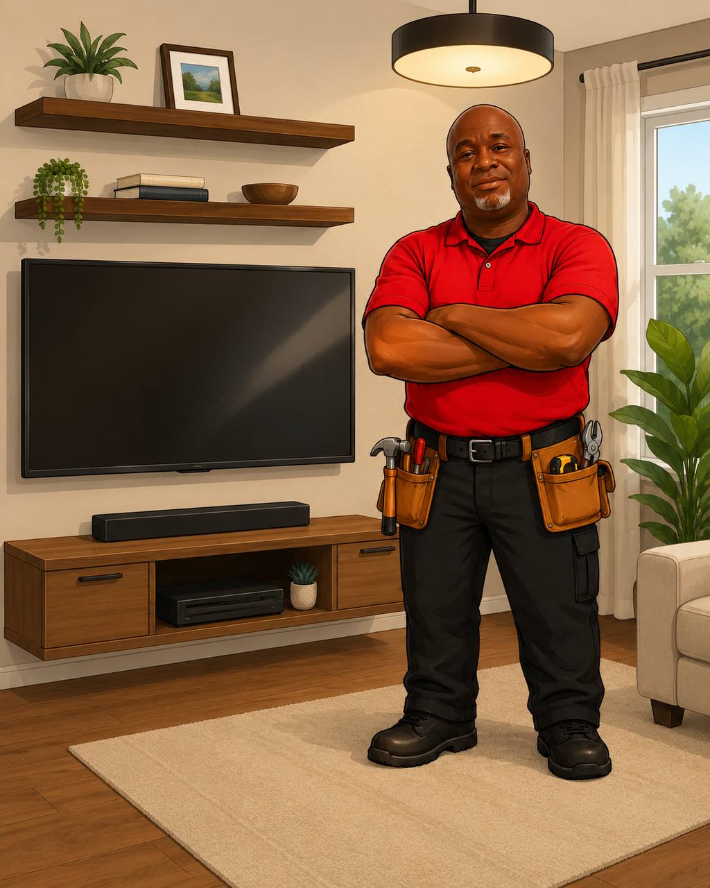 Illustration of Fred in a living room after mounting shelves and a TV