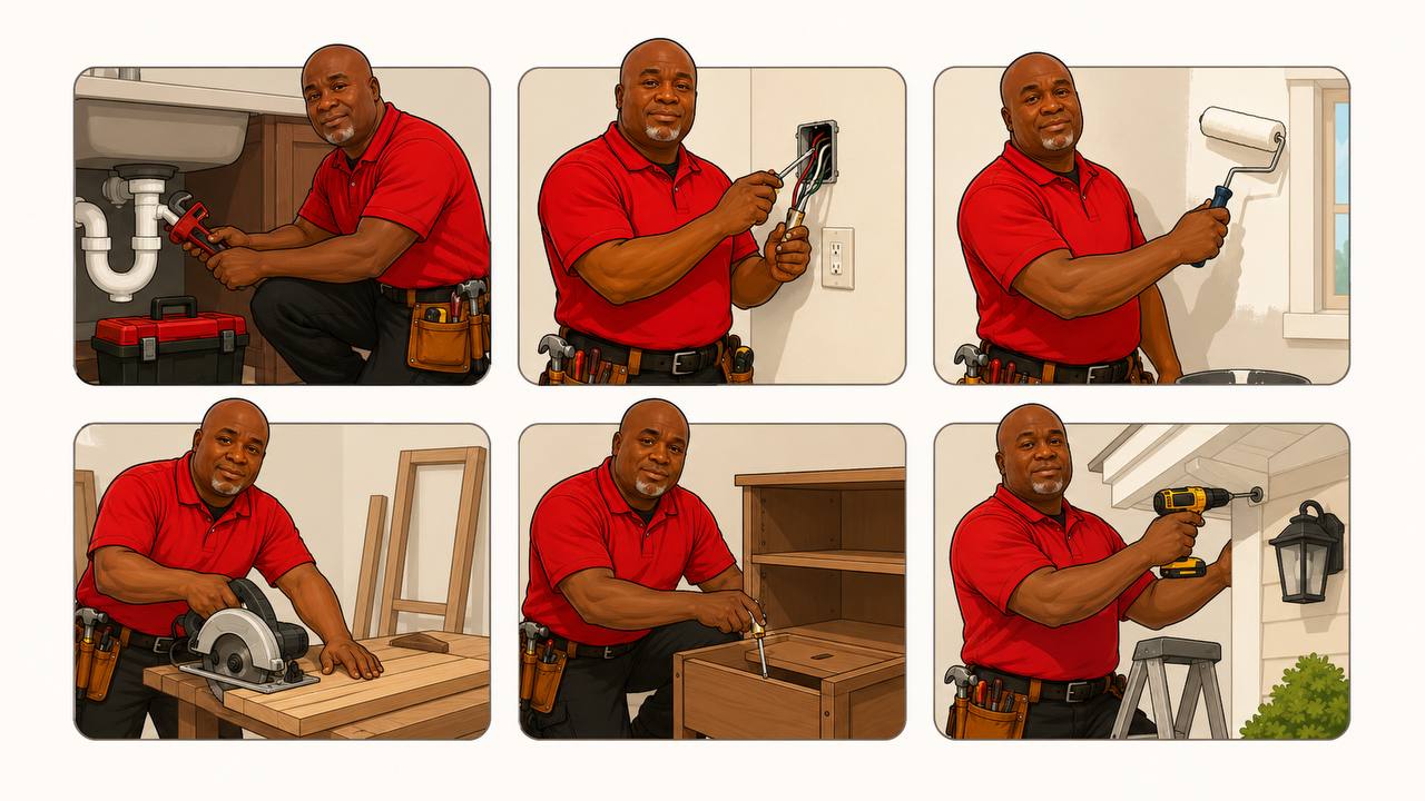 Illustrated examples of plumbing, electrical, painting, carpentry, furniture, and exterior repair services